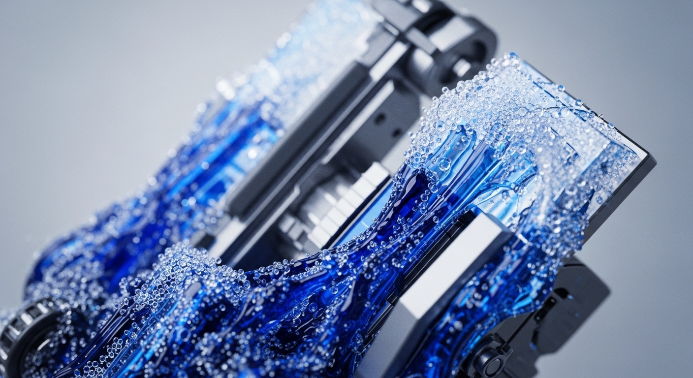 Blue fluid, covered in small bubbles, cascades over a complex, metallic mechanical structure. This visual metaphor illustrates the intricate blockchain infrastructure and its dynamic data streams. The fluid's movement suggests constant transaction throughput and liquidity management within a decentralized network. The metallic components represent robust consensus mechanisms and underlying smart contract execution, vital for maintaining network integrity and efficiency. The aeration signifies continuous, high-volume operations.