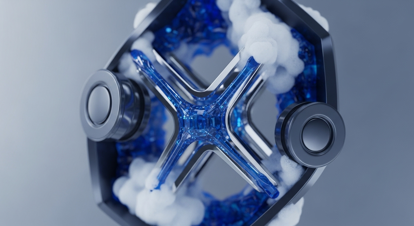 A central, faceted blue 'X' symbol, reminiscent of the XRP digital asset, is encased within a dark, angular metallic frame. Dynamic blue energy fragments and white vapor streams signify intense computational integrity and resource allocation. This visualization depicts a sophisticated XRP Ledger operating a consensus protocol, actively processing cross-border payment transactions. The robust architecture suggests an enterprise blockchain solution, providing high on-demand liquidity within a secure decentralized finance framework. The energetic discharge reflects continuous protocol execution.