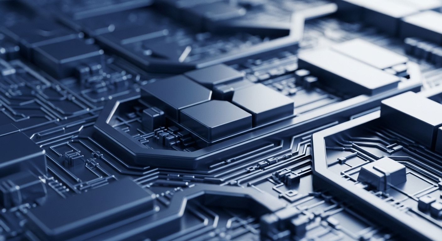 A detailed perspective captures a futuristic, metallic blue-grey circuit board, featuring intricate pathways and prominent raised components. This advanced cryptographic hardware represents the foundational elements of Web3 infrastructure, crucial for scalable decentralized finance applications