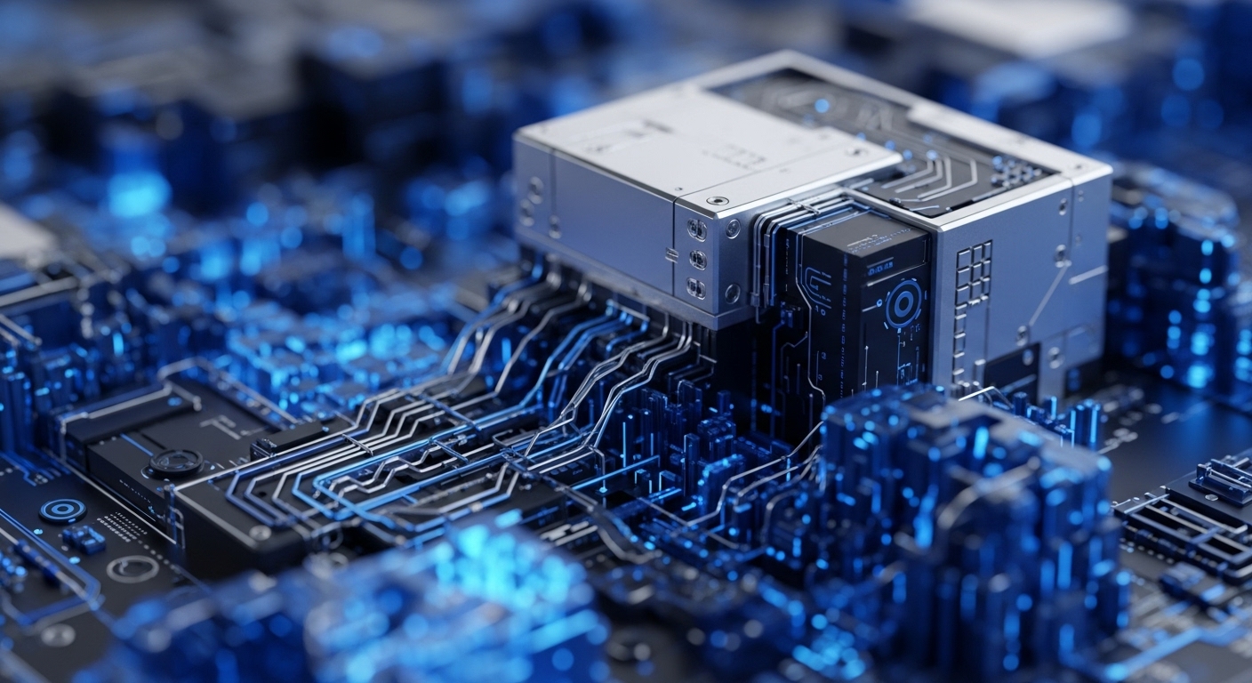 A prominent Application-Specific Integrated Circuit ASIC sits on a dark circuit board, its metallic housing illuminated by blue light. Numerous silver traces extend from the central processor, connecting to glowing blue components, indicating intense data transfer. This advanced hardware is vital for high-performance cryptographic computations, enabling rapid transaction validation and maintaining network consensus within decentralized ledger technology DLT. It represents critical node infrastructure, essential for securing digital asset processing and efficient smart contract execution, driving the global hash rate for distributed computing.