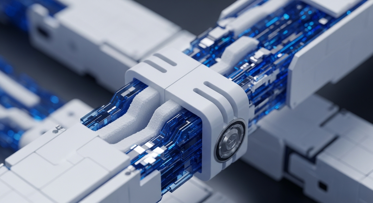 The image showcases a high-fidelity rendering of a sophisticated white modular system, interconnected by translucent blue components that appear to channel intricate data streams. A central junction point emphasizes the dynamic interaction and transfer of information between distinct structural elements