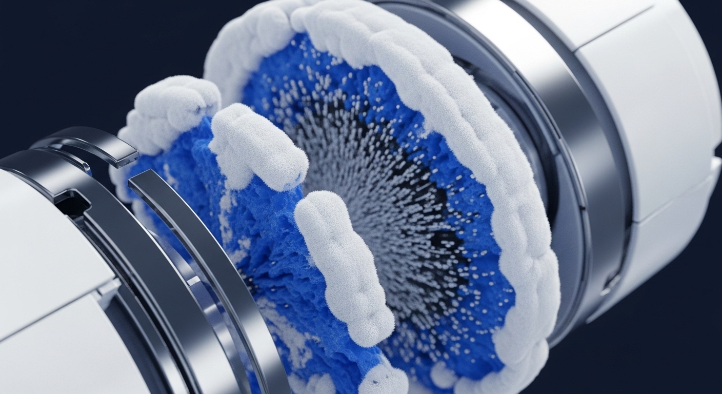 The image displays a close-up, high-fidelity rendering of an intricate mechanical or digital component. It features concentric layers of white and blue textured materials surrounding a central array of radiating white bristles, all encased within metallic and white structural elements