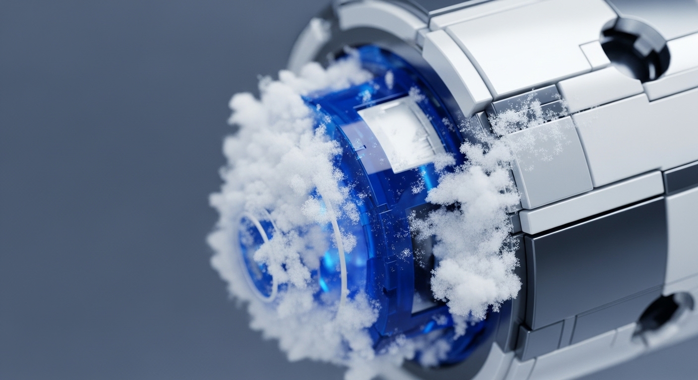 A close-up, angled view reveals a sophisticated, modular metallic mechanism featuring a vibrant blue core, intricately layered with white crystalline frost. This apparatus, reminiscent of a hardware security module HSM, underscores the critical role of cold storage in safeguarding digital assets. The visible cryptographic freezing effect symbolizes robust data integrity and immutability essential for blockchain protocol security, preventing unauthorized smart contract execution within a distributed ledger environment. Its design evokes high-performance, secure computational infrastructure.