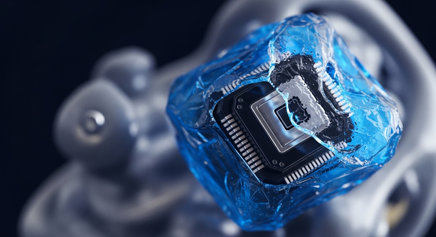 A sophisticated cryptographic chip is prominently featured, partially encased in a block of translucent blue ice, set against a dark, blurred background of abstract, organic shapes. The chip's metallic components and numerous pins are clearly visible, signifying advanced hardware
