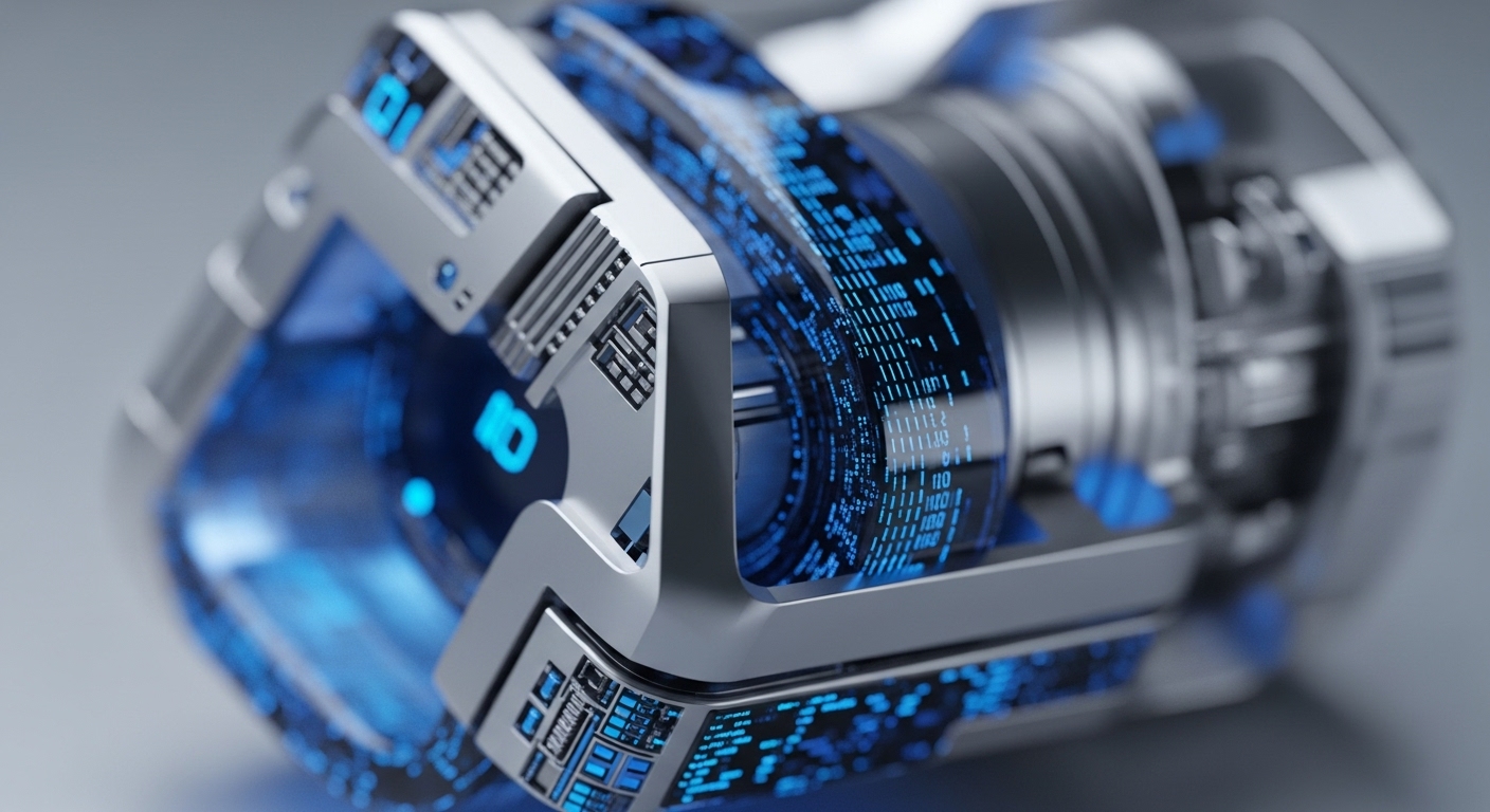 The image displays a futuristic, metallic device with translucent blue sections revealing internal components and glowing digital patterns. Its sophisticated design features visible numerical displays and intricate circuit-like textures, set against a clean, light background