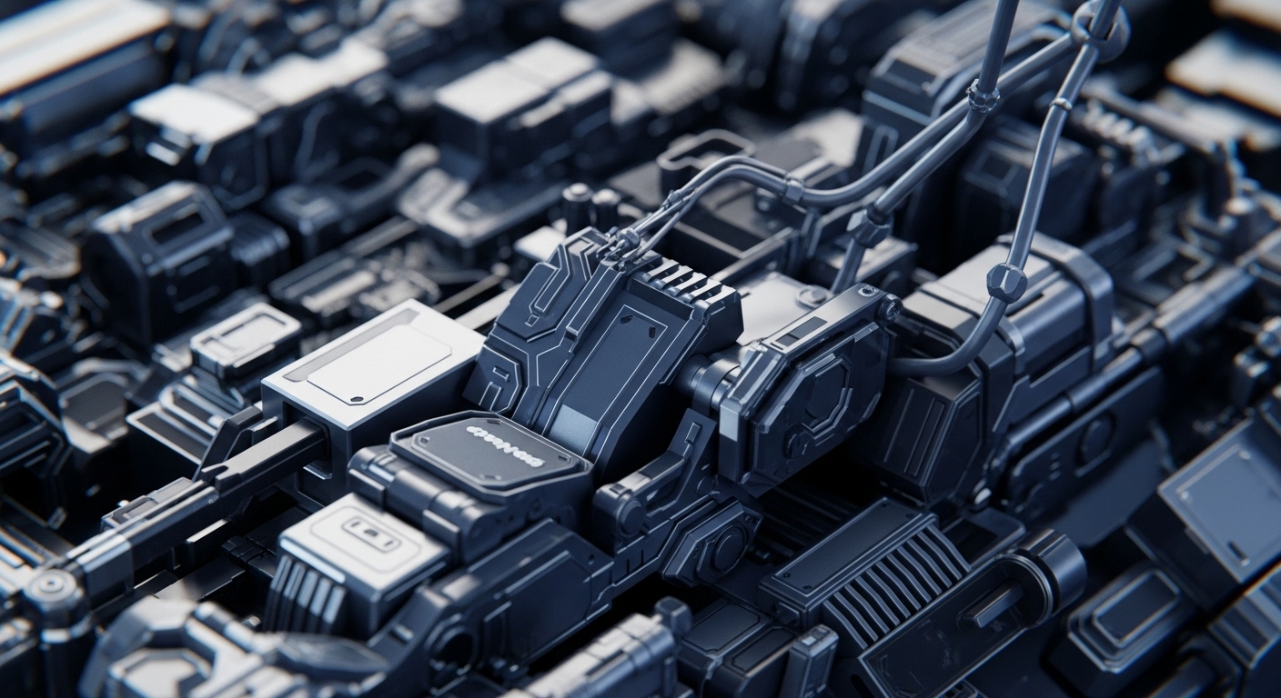 The image presents a detailed view of complex, dark metallic machinery, characterized by interlocking components, precise grooves, and integrated wiring. This intricate hardware, with its futuristic aesthetic, could be interpreted as a sophisticated validator node or a dedicated ASIC mining rig, fundamental to the operational integrity of a decentralized ledger