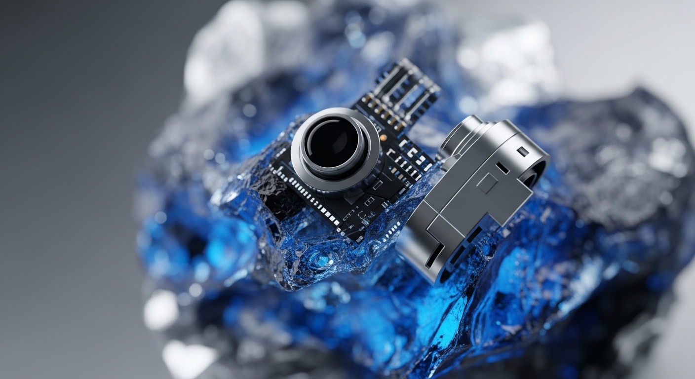 The image showcases a micro-electronic circuit board with a camera lens and a metallic component, possibly a secure element, partially submerged in a translucent blue, ice-like substance. This intricate hardware setup is presented against a blurred background of similar crystalline material