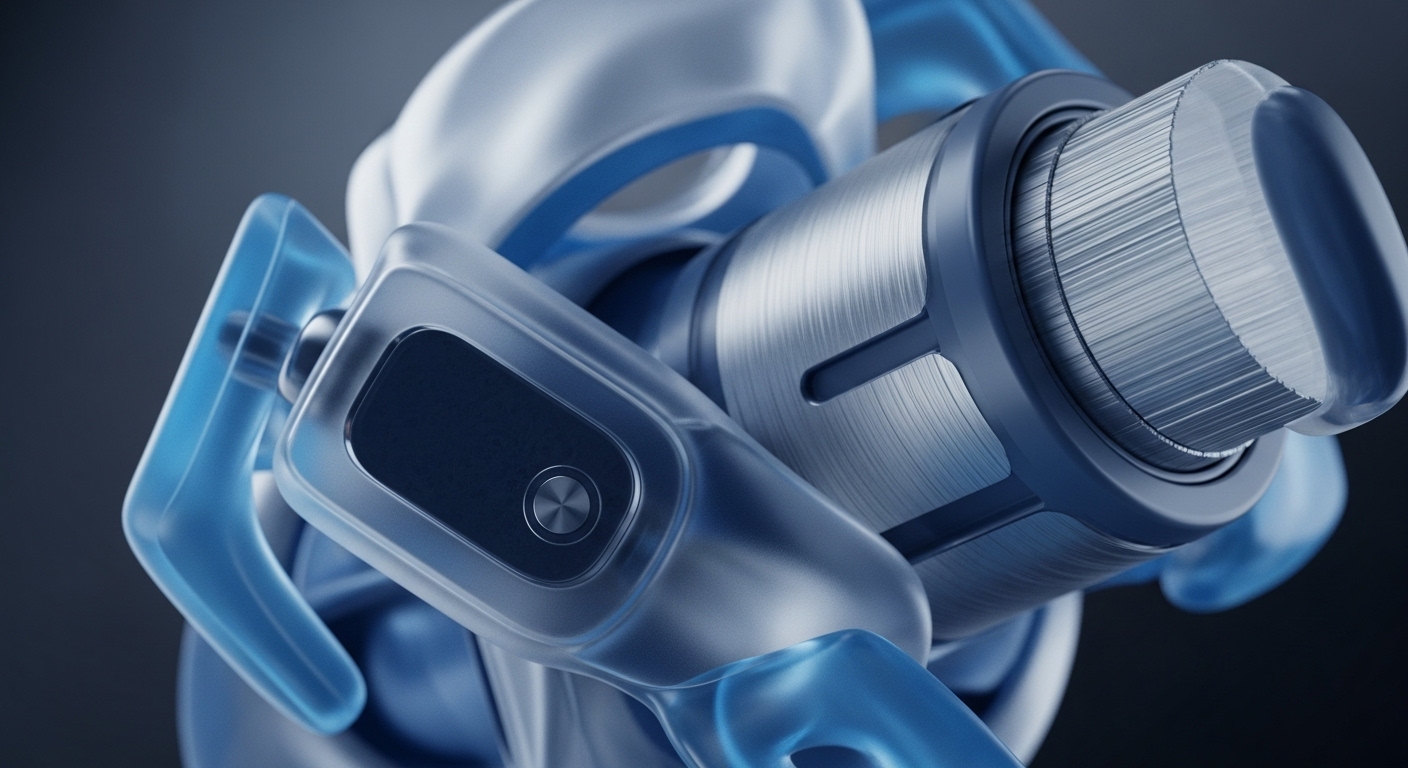 The image displays a close-up of a high-tech device, featuring a prominent brushed metallic cylinder, dark matte components, and translucent blue elements that suggest internal workings and connectivity. A circular button is visible on one of the dark sections, indicating an interactive or control point within the intricate assembly