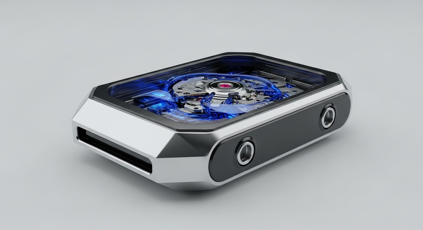 A futuristic, polished metallic device, resembling a secure hardware wallet, showcases intricate internal mechanisms beneath a transparent top panel. Vibrant blue light illuminates complex gears and circuitry, indicative of active cryptographic operations within a secure element. This robust design suggests a dedicated cold storage solution for managing private keys and seed phrases. Its advanced engineering supports immutable ledger entries and transaction signing, potentially functioning as a portable DLT node or a trusted execution environment for sensitive blockchain processes, ensuring firmware integrity.