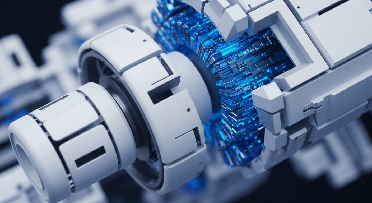 A futuristic, highly detailed mechanical structure dominates the frame, showcasing a central luminous blue cylindrical core composed of numerous glowing rectangular elements, flanked by angular white modular components. The design emphasizes precision engineering and advanced digital processing, with the blue core suggesting intense data flow and computational power