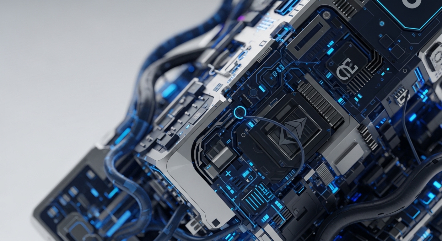 The image displays a detailed, angled view of a futuristic electronic circuit board, featuring dark grey and silver components illuminated by vibrant blue glowing pathways and transparent conduits. Various integrated circuits, heat sinks, and connectors are visible, forming a complex computational structure