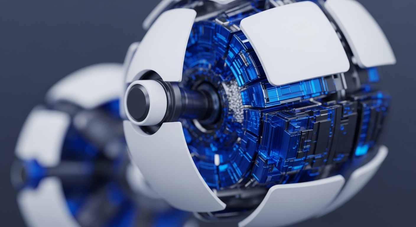 The image displays a highly detailed, futuristic spherical object, prominently featuring white segmented outer plating that partially retracts to reveal glowing blue internal components and intricate dark metallic structures. A central cylindrical element is visible, suggesting a core functional axis