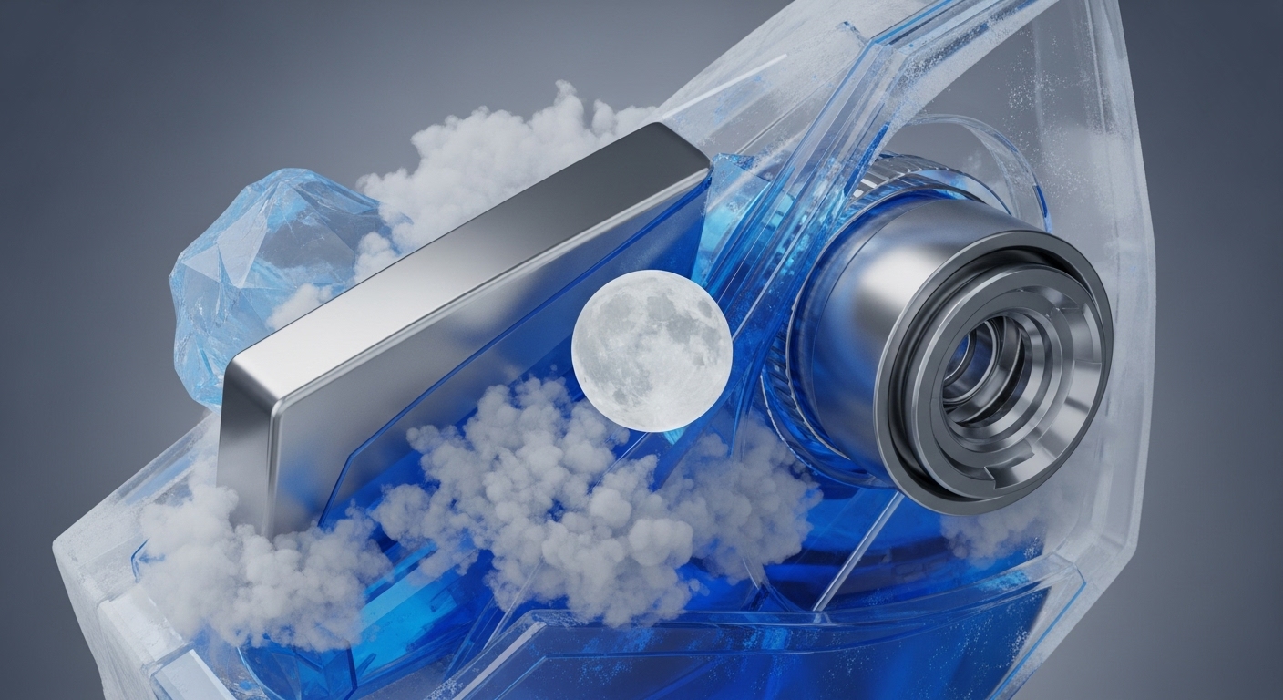 A sophisticated DeFi protocol engine showcases intricate node infrastructure for digital asset management. Transparent DLT components encapsulate a vibrant blue liquidity pool, suggesting dynamic yield farming. A prominent algorithmic stablecoin, resembling a full moon, is central, surrounded by cold storage vapor, indicating secure custody. Metallic mining rig elements and a quantum-resistant processing unit highlight advanced Proof-of-Work capabilities and optimized hash rate.
