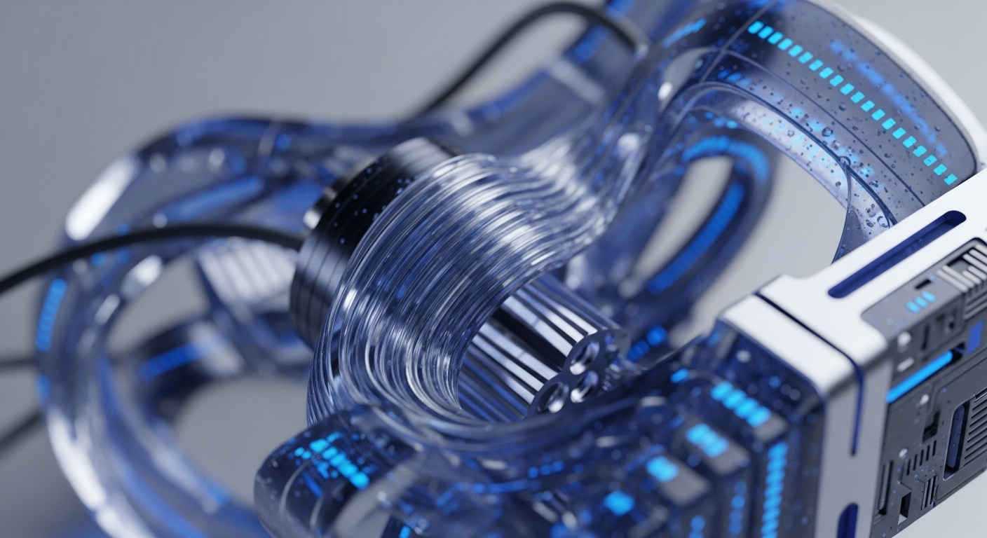 The image showcases a sophisticated, interconnected system of translucent tubes and metallic components, illuminated by glowing blue light. This intricate structure features clear conduits appearing to carry fluid or light, alongside detailed silver and dark grey hardware elements, some adorned with water droplets