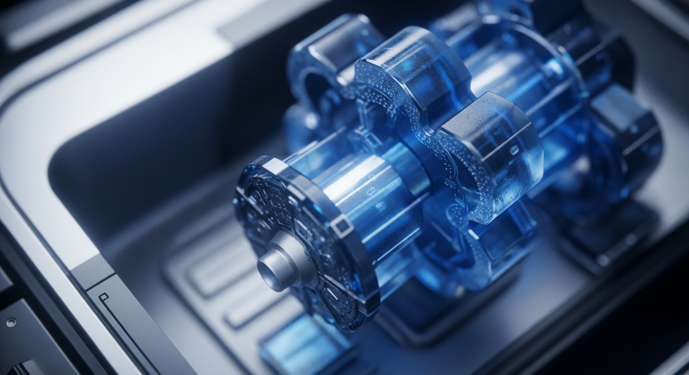 A high-tech, glowing blue mechanism is prominently displayed within a metallic, futuristic casing. The central component features translucent blue elements with intricate internal patterns, suggesting active data processing and energy flow