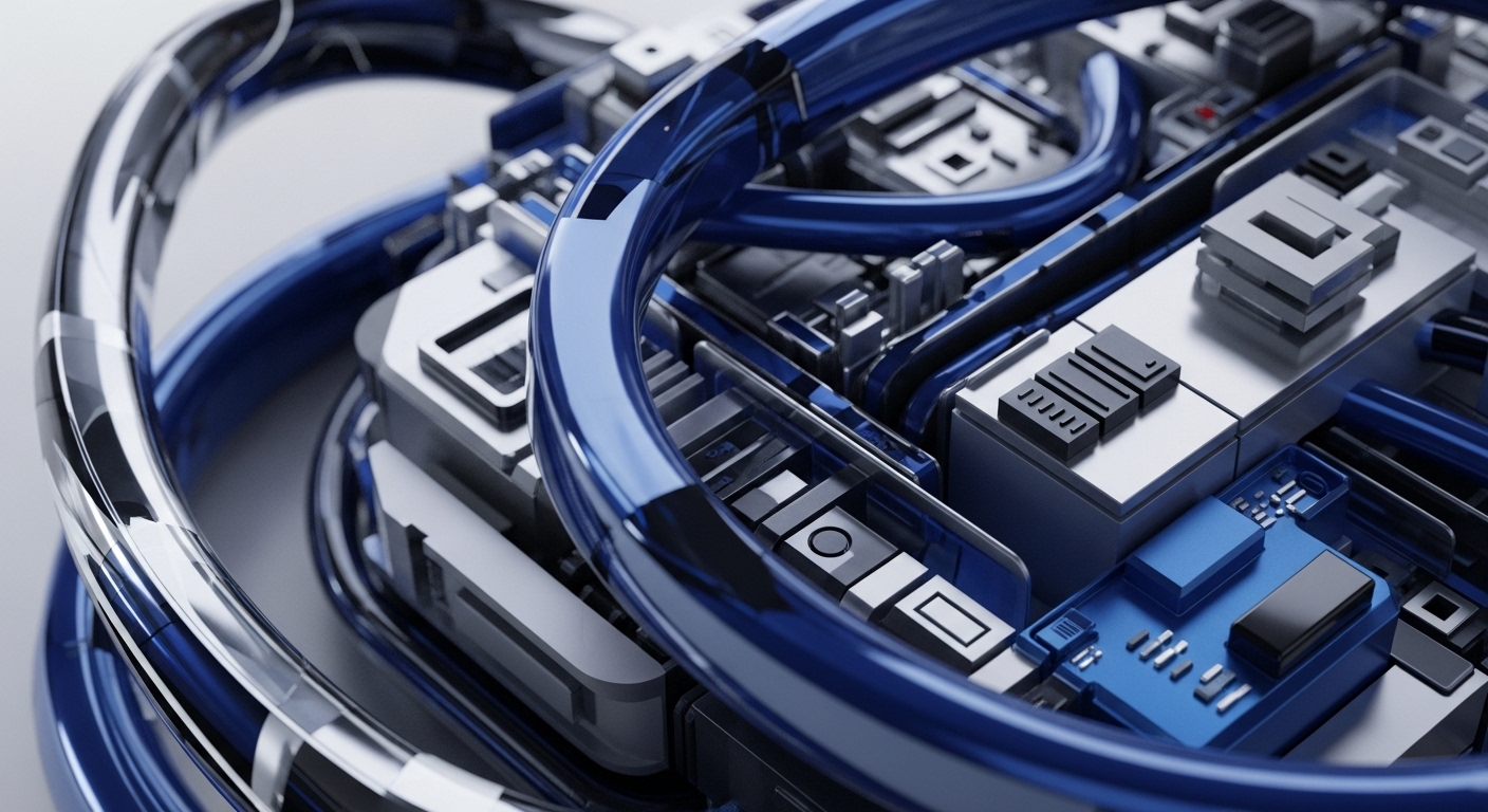 The image displays an intricate arrangement of electronic components, characterized by metallic silver and dark grey modules intertwined with translucent blue and clear tubular structures. This complex hardware configuration evokes the sophisticated infrastructure underpinning modern cryptocurrency networks