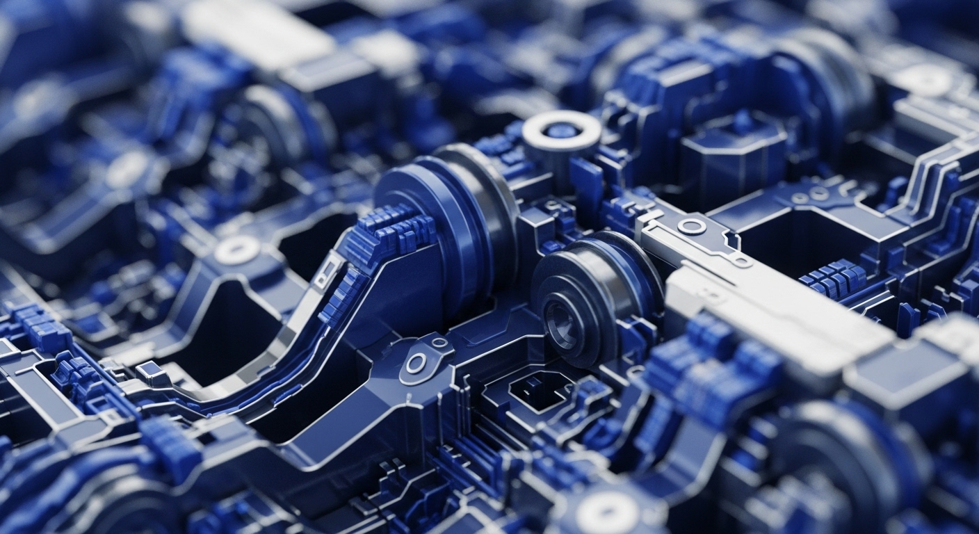 The image showcases a detailed, abstract composition of interconnected blue and silver mechanical or digital components, rendered with a shallow depth of field. The central elements are sharply focused, revealing intricate pathways, cylindrical structures, and modular blocks, all contributing to a sense of complex engineering
