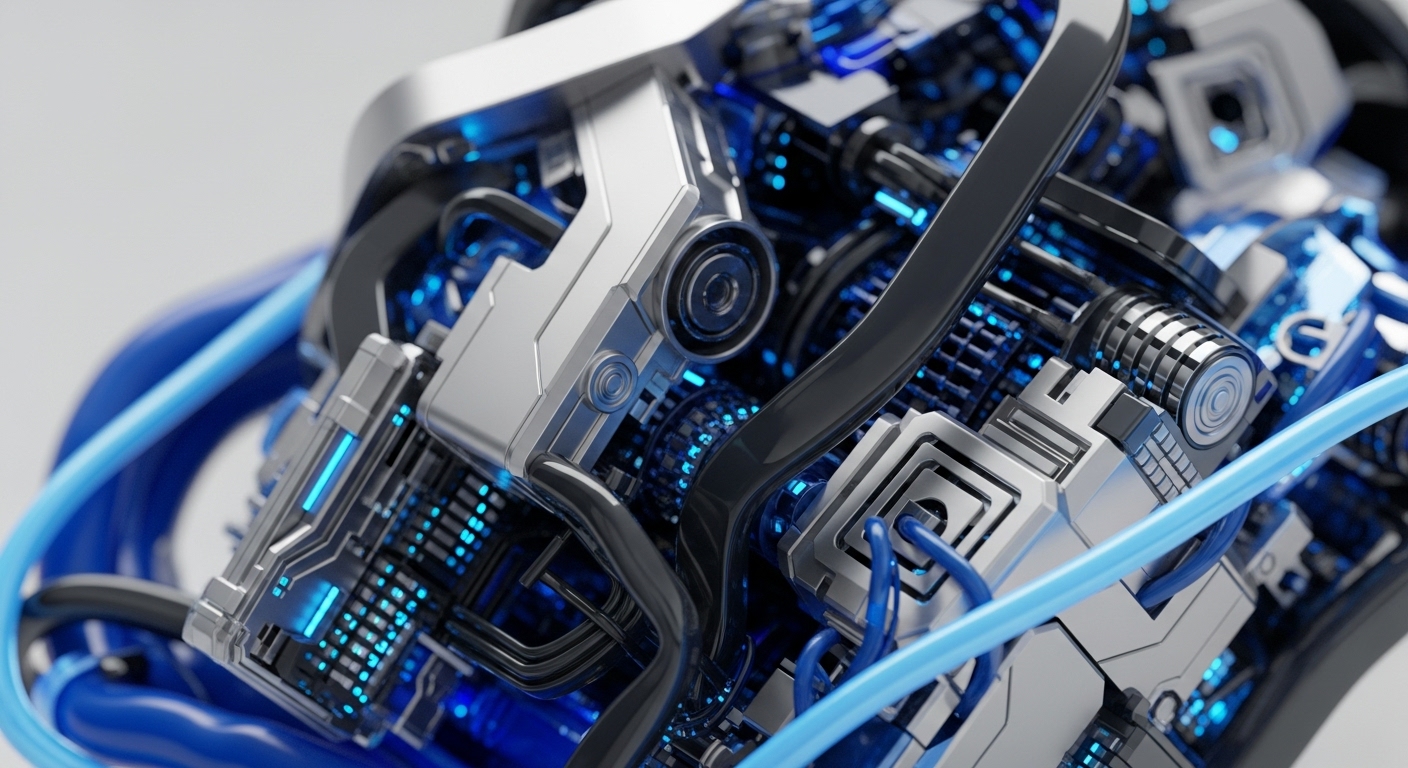 The image displays a detailed, close-up view of advanced machinery, featuring metallic silver components, black conduits, and bright blue glowing elements and cables. Intricate internal mechanisms are visible, suggesting a high-tech computational or data processing unit