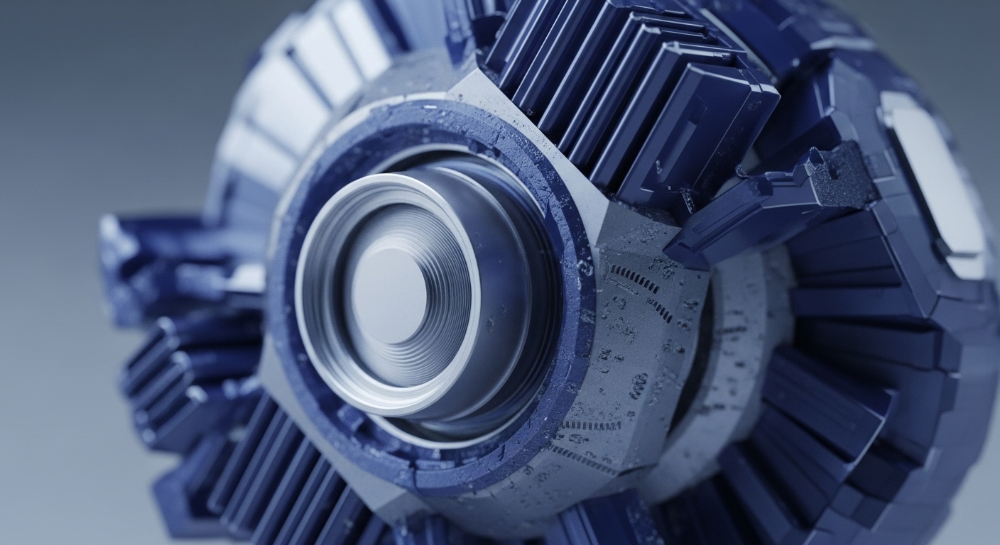 The image presents a detailed close-up of a futuristic, spherical mechanical device, predominantly in dark blue and metallic grey tones. Its central circular element features a finely grooved, light grey surface, surrounded by a textured, dark blue ring