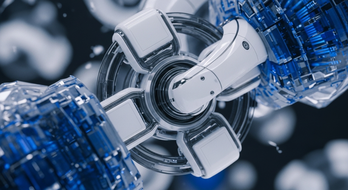 A central, metallic, spherical hub is visible, from which several white, sleek, robotic arms extend outwards. These arms connect to two large, translucent blue crystalline structures, detailed with intricate internal patterns resembling circuit boards or data arrays