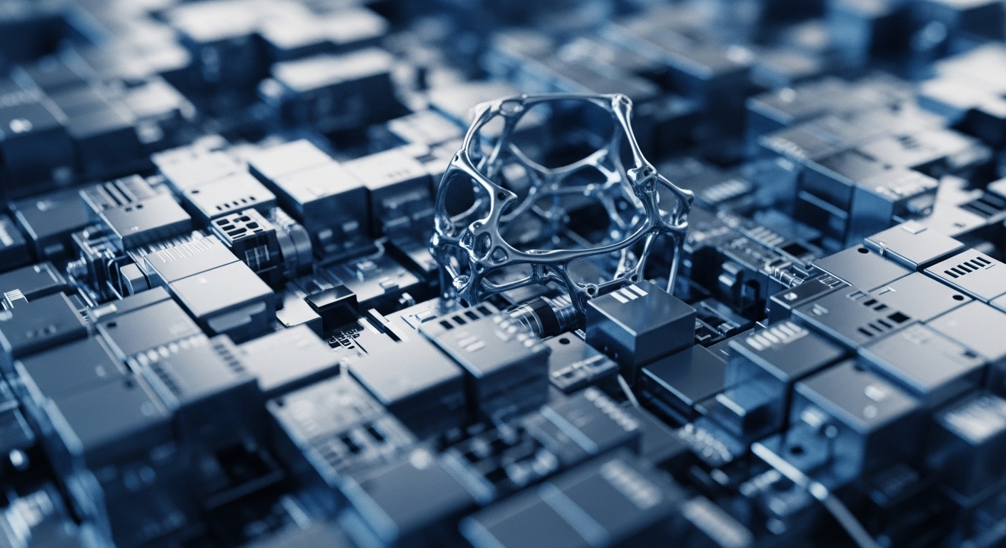 The image presents a detailed, close-up view of a sophisticated digital circuit board, characterized by numerous interconnected metallic components arranged in a grid-like pattern. A distinctive, abstract metallic lattice structure occupies the central foreground, contrasting with the uniform background elements