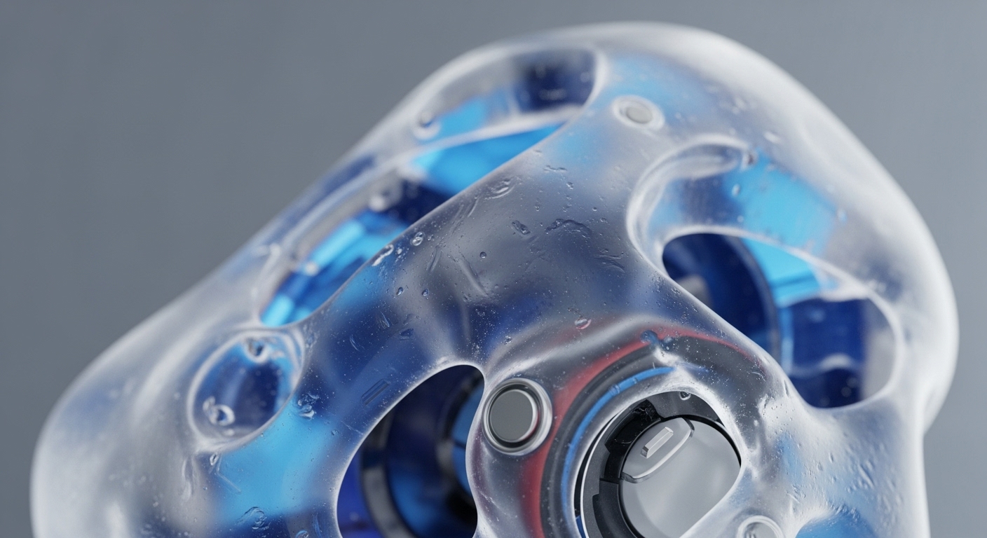 The image presents a detailed close-up of a translucent, frosted enclosure, featuring visible water droplets on its surface and intricate blue internal components. A prominent grey circular button and another control element are embedded, suggesting user interaction or diagnostic functions
