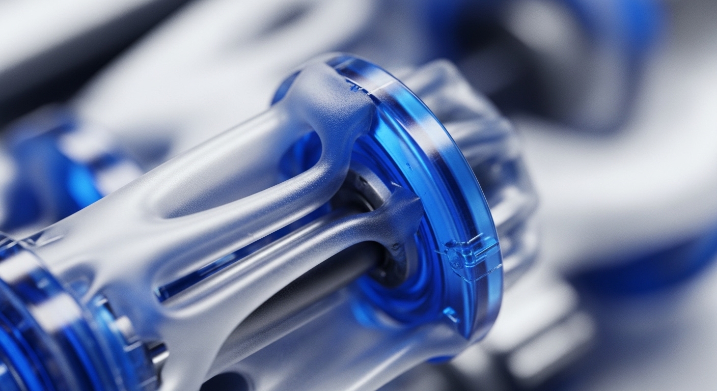 A close-up reveals a translucent, frosted white and vibrant blue mechanical component, suggesting advanced Web3 infrastructure. Its intricate design features a central shaft surrounded by structural elements, symbolizing robust protocol architecture. The blue translucent ring highlights precision engineering, crucial for secure enclave operations and cryptographic key generation. This component represents foundational distributed ledger technology, underpinning secure smart contract execution, efficient layer-2 scaling, and robust consensus mechanisms within decentralized finance ecosystems, ensuring immutable ledger integrity.