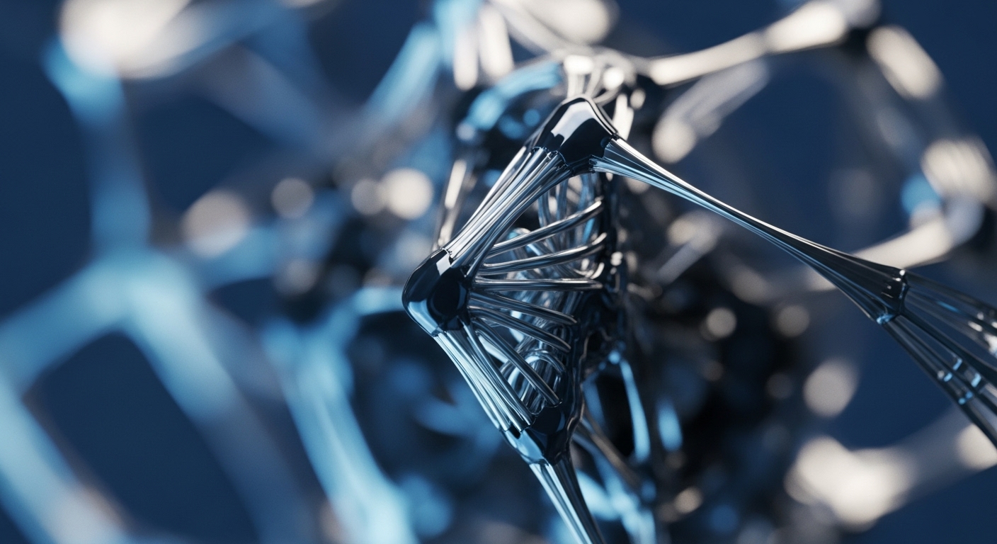 The image displays a complex, highly polished metallic structure, featuring interconnected, twisting dark chrome elements against a soft, blurred deep blue background illuminated by subtle bokeh lights. The intricate design suggests a sophisticated, futuristic framework