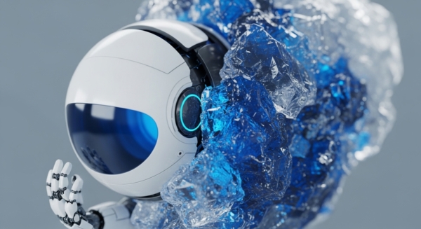 A white, spherical robotic head with a luminous blue visor and a segmented robotic hand emerges from a fractured mass of clear and deep blue crystalline structures. This visual metaphorically represents an algorithmic entity or AI oracle interfacing with immutable distributed ledger technology. The crystalline formations symbolize the secure cryptographic primitives and data integrity inherent in a blockchain's cold storage mechanisms, from which new protocol layers are being unveiled, signifying the activation of smart contract functionalities.