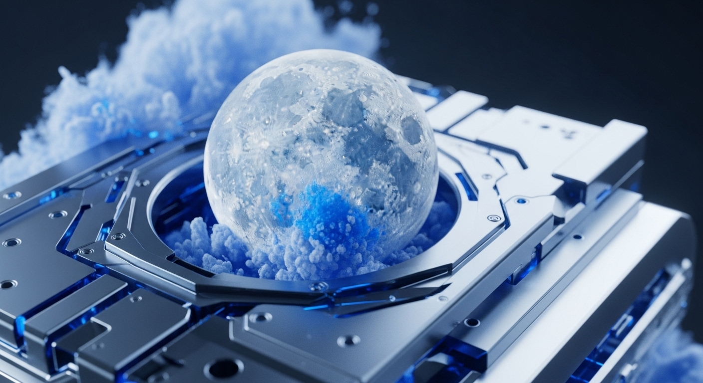 A luminous, ice-like sphere, resembling a miniature moon, is centrally positioned on an advanced metallic platform. Surrounding the sphere are fine, light blue crystalline particles, with darker blue concentrations near its base, while blue vapor drifts around the structure