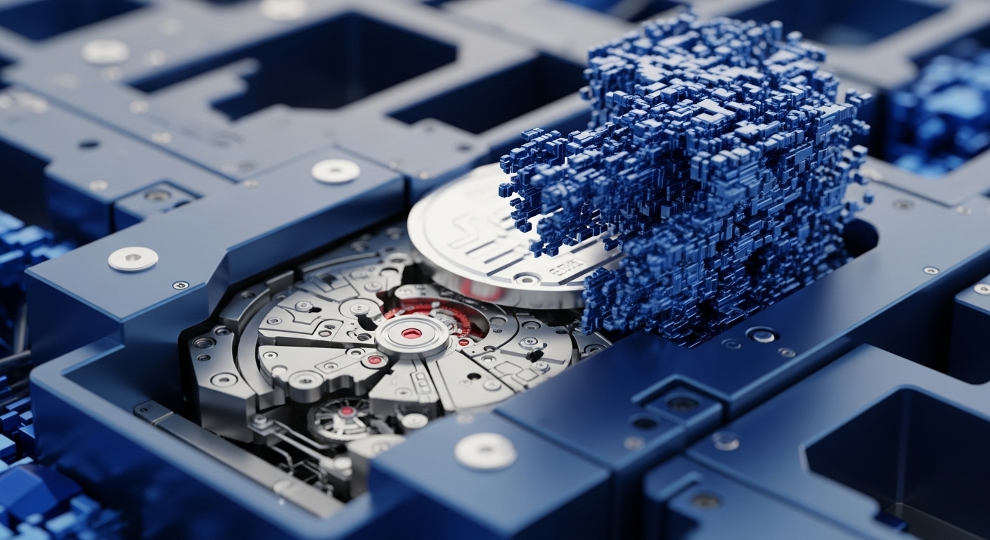 An intricate mechanical assembly, resembling a precision watch movement, forms the foundation. A silver, circular cryptocurrency token, possibly an algorithmic stablecoin, is embedded within this sophisticated protocol mechanics. Above it, a complex, vibrant blue structure of interconnected cubic blocks represents dynamic blockchain infrastructure and decentralized ledger technology. This visual narrative emphasizes the underlying engineering and smart contract execution supporting digital asset tokenization within a robust DeFi ecosystem, illustrating the transition from traditional mechanisms to advanced distributed systems.