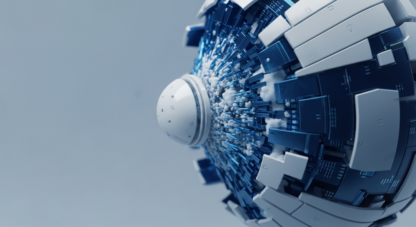A detailed, futuristic spherical object dominates the right, showcasing a complex arrangement of white and blue metallic components. A central white dome is surrounded by dense, spiky blue elements interspersed with white cloud-like forms, set against a soft blue-gray background