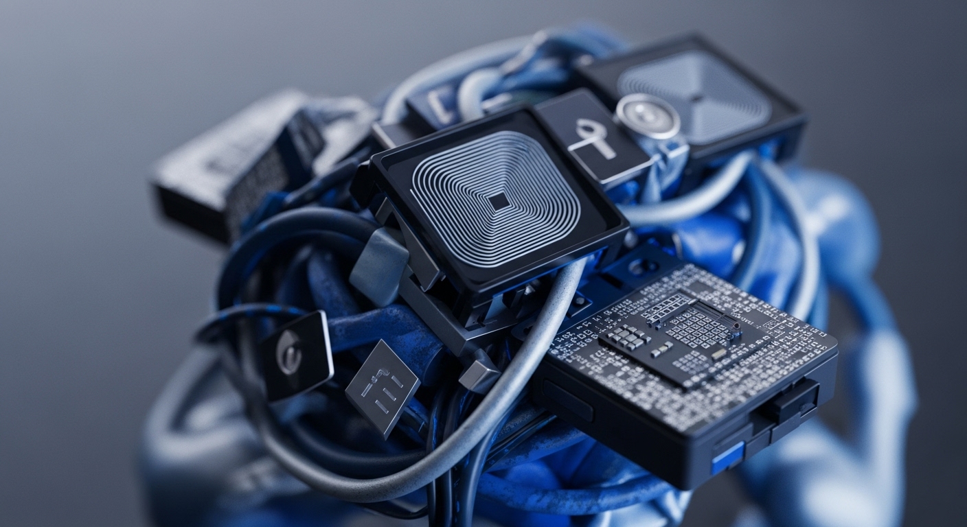 The image displays a complex arrangement of electronic components, featuring a prominent square inductive coil, a detailed circuit board resembling an Application-Specific Integrated Circuit ASIC, and a dense network of dark blue and grey cables. These elements are tightly integrated, highlighting the intricate physical layer of advanced computing systems