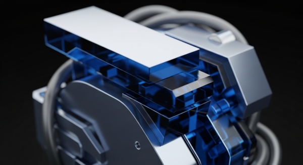 A close-up view reveals the intricate internal architecture of a high-performance ASIC miner, showcasing its cryptographic hashing engine. Sleek, reflective metallic components interlock with translucent blue layers, symbolizing the flow of digital assets and transaction validation within a decentralized network. The transparent elements expose complex circuitry and data pathways, indicative of advanced blockchain architecture processing proof-of-work computations. Grey, flexible conduits in the background suggest robust network connectivity and efficient energy transfer for continuous node operation.