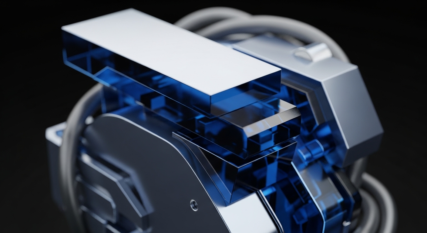 This detailed render showcases the sophisticated internal mechanics of a specialized ASIC miner, featuring polished metallic surfaces and transparent blue components. The composition highlights intricate circuitry and data pathways within a complex, high-tech system