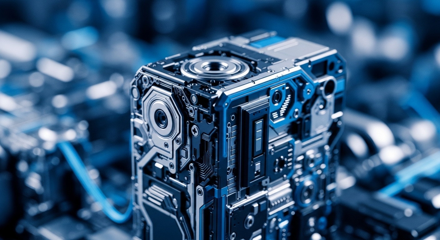 A sophisticated, cube-like electronic hardware module is depicted in sharp focus, showcasing intricate metallic plating and integrated circuit elements predominantly in silver, dark gray, and vibrant electric blue. This specialized unit, reminiscent of a high-performance ASIC miner, is engineered for intensive hash function computation vital to maintaining Proof-of-Work consensus mechanisms across blockchain networks