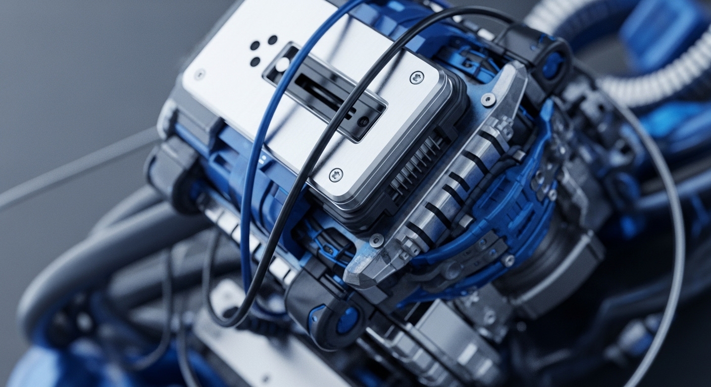 The image displays a detailed, close-up view of intricate metallic and electric blue machinery components. Various black and blue cables interconnect these robust parts, suggesting a sophisticated electronic device
