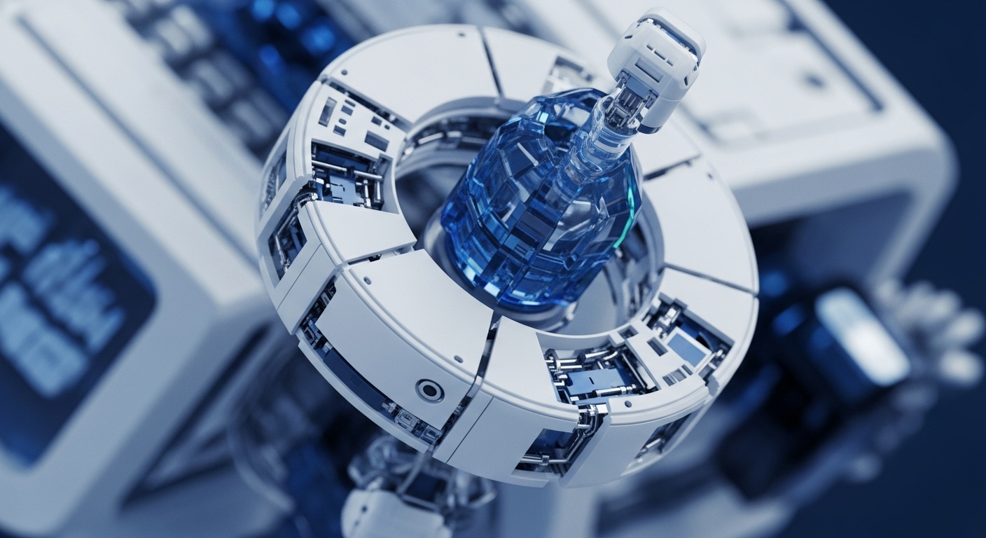 A futuristic white and blue mechanical apparatus showcases intricate engineering, centered around a luminous, faceted blue object. The device features a segmented outer ring and an internal robotic arm precisely interacting with the central element