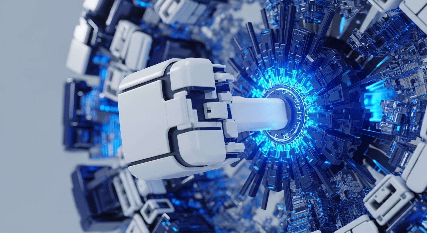 A sleek white robotic arm extends towards the center of an intricate, glowing blue sphere, appearing to establish a secure connection. The sphere itself is a complex assembly of metallic and illuminated components, suggesting a high-tech digital infrastructure