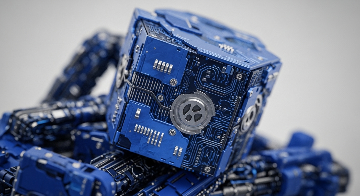 A highly detailed, blue robotic entity with a cubic head dominates the frame, showcasing intricate circuit board patterns and metallic mechanical elements across its surface. The entity's design features a prominent circular vent-like mechanism on its face, set against a backdrop of complex digital pathways