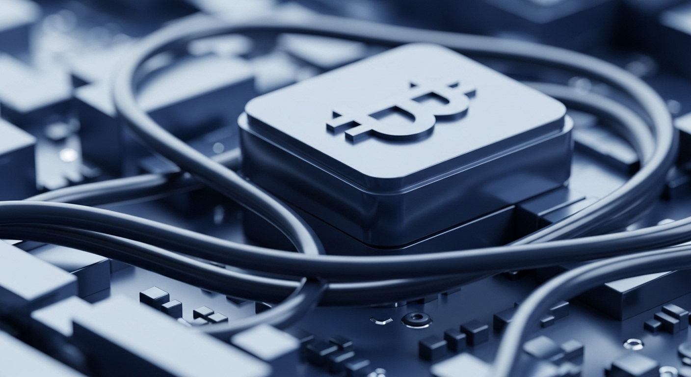 A monochromatic blue-toned close-up reveals a central processing unit featuring the Bitcoin symbol, emblematic of specialized ASIC hardware. This mining chip is intricately integrated into a blockchain circuit board, surrounded by numerous data transmission cables and surface-mount components. The composition emphasizes the physical infrastructure underpinning proof-of-work consensus mechanisms. This hardware facilitates transaction validation and contributes to the overall hash rate of the decentralized network, securing the digital asset and its cryptographic ledger.