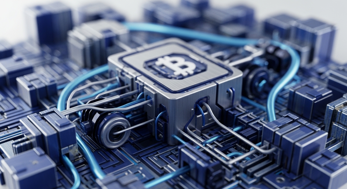 A detailed rendering showcases a high-performance Bitcoin ASIC at the core of a complex blockchain processing unit. This specialized hardware, crucial for cryptocurrency mining, features intricate metallic components and vibrant blue conduits, symbolizing data flow within a decentralized ledger. The central processor, emblazoned with the Bitcoin emblem, signifies its role in transaction validation and achieving network consensus through Proof-of-Work. Its robust design suggests immense hash rate capabilities, essential for securing the digital asset and earning block rewards within the distributed network.