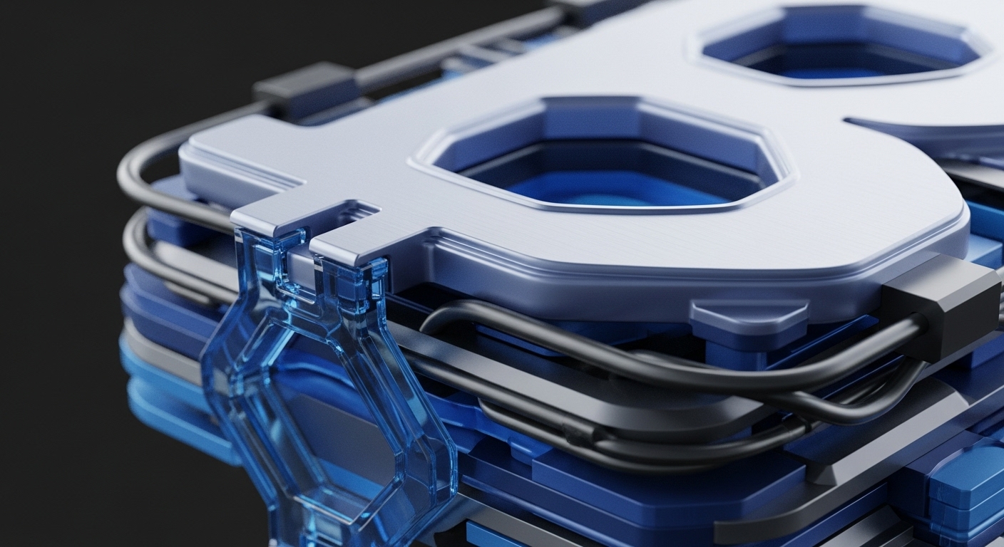 Intricate Bitcoin ASIC miner architecture features a prominent metallic 'B' symbol atop layered blue and silver components. Deep blue hexagonal recesses within the 'B' suggest advanced computational power or liquid cooling for optimal hash rate performance. Black data transmission conduits interweave through the structure, connecting various blockchain node elements. Translucent blue panels highlight the complex decentralized network infrastructure, emphasizing transaction validation and cryptographic hashing capabilities essential for digital asset security and Proof-of-Work consensus. This represents robust DLT architecture.
