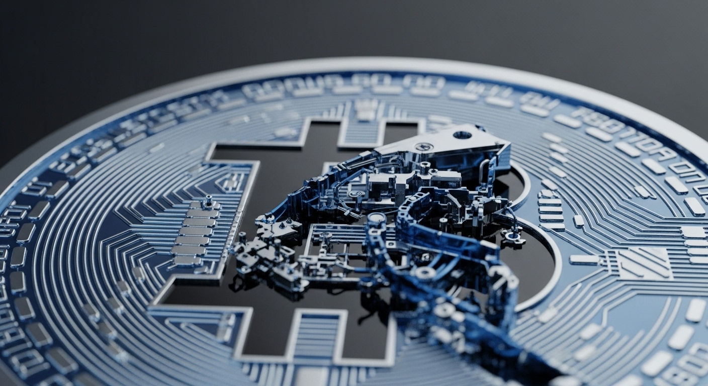 A metallic Bitcoin coin is depicted with its central symbol partially revealing intricate internal circuitry and mechanical components. Detailed micro-elements, including gears and wires, are exposed within the coin's structure, set against a dark, blurred background, highlighting its engineered complexity