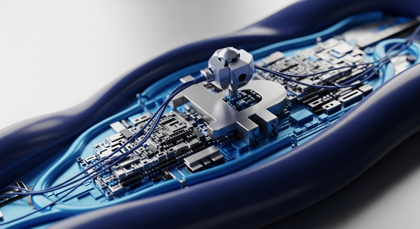 A high-resolution digital illustration presents a metallic Bitcoin symbol embedded within a complex electronic circuit board. The board features intricate silver and blue components, resembling advanced computing hardware, with multiple blue wires connecting various modules