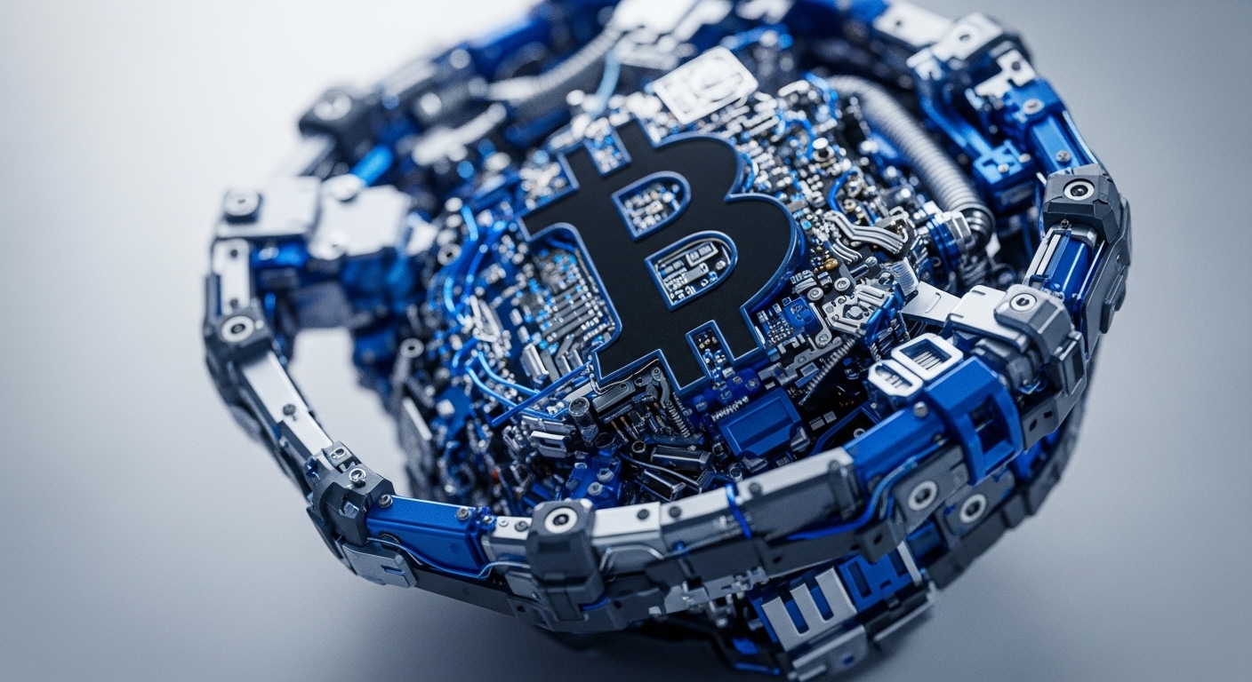 A prominent black Bitcoin symbol is centrally embedded within a complex, futuristic digital asset infrastructure. Intricate blue circuit board traces and metallic components form a dense network, suggesting a sophisticated blockchain architecture. This visualization evokes the underlying hardware and software mechanisms of a decentralized ledger technology. The composition highlights the computational power required for cryptographic proof-of-work, essential for transaction validation and maintaining network consensus. This intricate design represents a high-performance mining rig or a critical node within the peer-to-peer network, embodying the core principles of digital currency and its secure, distributed nature.