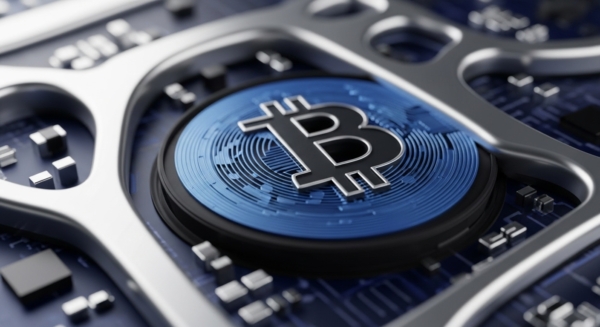 A prominent Bitcoin BTC digital asset, rendered as a metallic coin with the iconic 'B' symbol, is centrally positioned on a sophisticated dark blue printed circuit board. This visual metaphor represents the intersection of physical hardware and decentralized finance DeFi infrastructure. The intricate blue concentric patterns on the coin's surface suggest cryptographic hash functions and the underlying blockchain's distributed ledger technology DLT. Surrounding components resemble Application-Specific Integrated Circuit ASIC mining hardware, crucial for proof-of-work consensus and transaction validation, emphasizing network security and the immutable ledger.