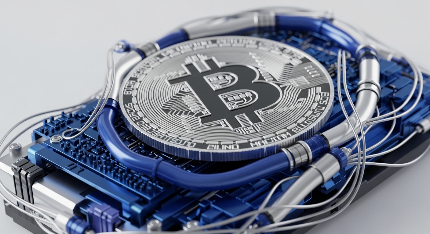 A large, reflective silver Bitcoin coin with a prominent black 'B' logo is positioned atop an intricate blue circuit board. Numerous metallic silver and blue cables and conduits are intricately woven around the coin and connected to the underlying electronic components