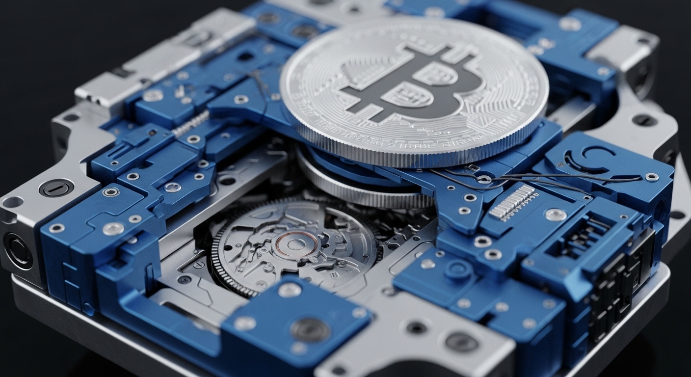 A prominent silver Bitcoin coin rests atop an intricate assembly of metallic components, featuring polished gears and precision-engineered blue modules. This visual metaphor highlights the underlying blockchain infrastructure and complex proof-of-work mechanisms essential for digital asset generation and transaction validation. The detailed mechanical structure suggests the robust engineering behind decentralized ledger technology, emphasizing the physical and computational resources involved in maintaining the Bitcoin network. It evokes the tangible aspects of cryptocurrency mining and hardware security.
