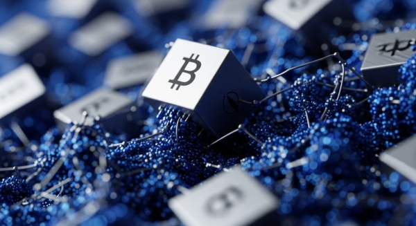 A prominent Bitcoin ₿ digital asset cube anchors a complex crypto ecosystem. Surrounding it, other tokenized digital assets, possibly altcoins, are partially visible. These cubes are embedded within a dense field of shimmering blue particles, symbolizing vast on-chain data or network activity. Thin, metallic filaments interconnect these network nodes, illustrating intricate transaction validation and distributed ledger mechanisms underpinning the blockchain infrastructure. This visual metaphor highlights digital asset interoperability within a decentralized network.